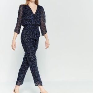 Kate Spade size 12 Blue leopard print clip dot jumpsuit silk